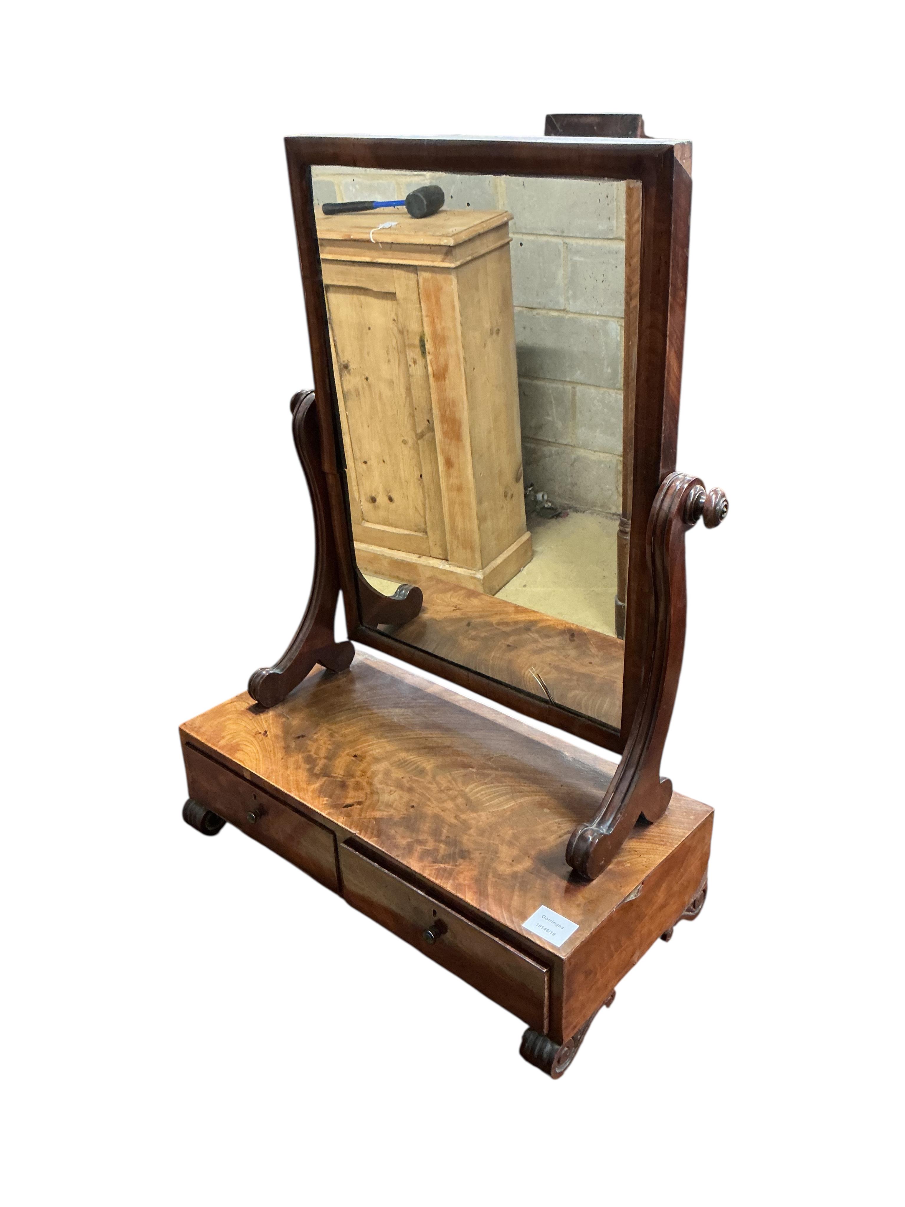 A Victorian mahogany toilet mirror, width 56cm, depth 27cm, height 76cm